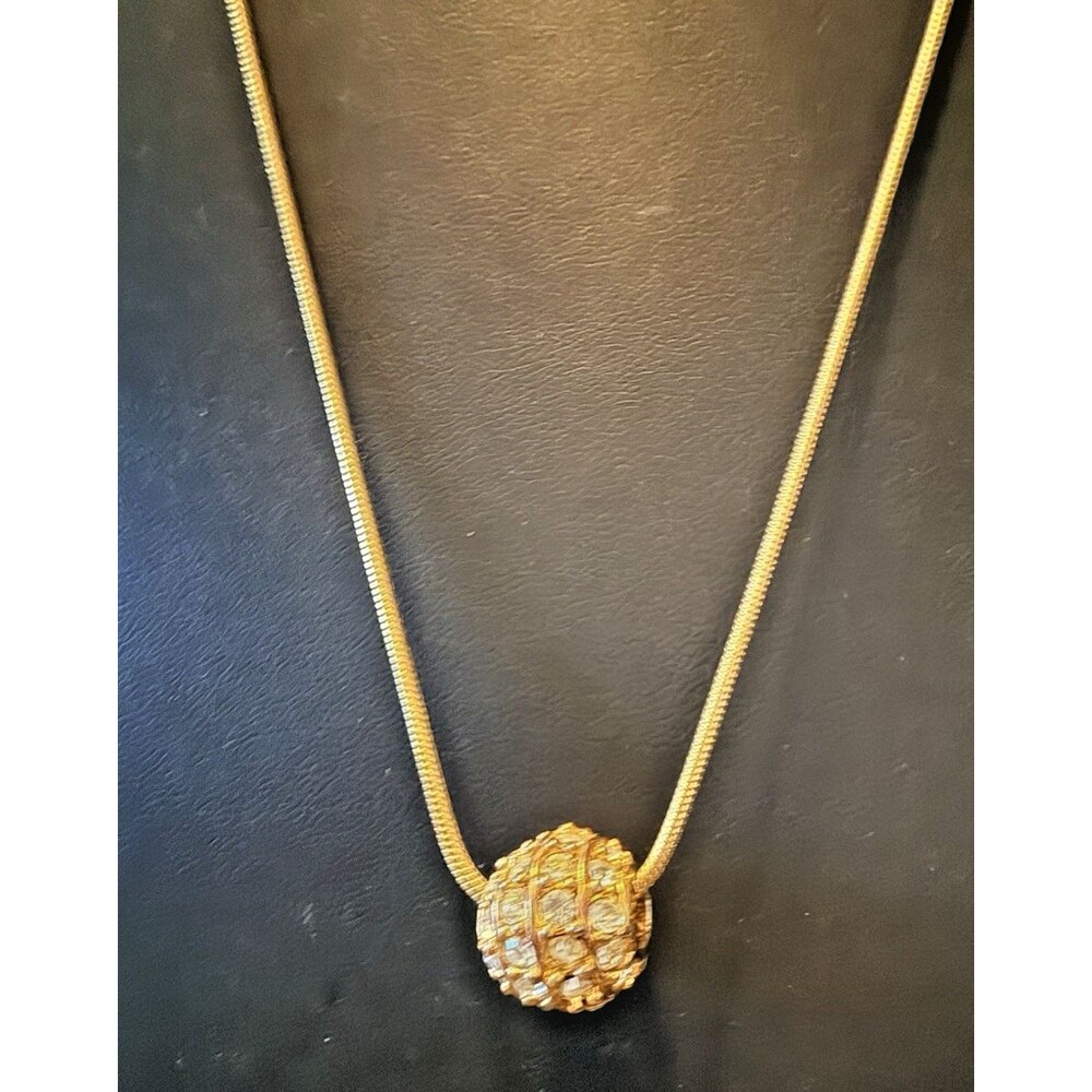 Gold Tone Necklace Snake Chain Rhinestone Spinning Ball Pendant 16"-18"